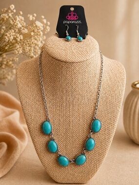 paparazzi Turquoise Oval Stone Necklace Set with Silver-Tone Chain